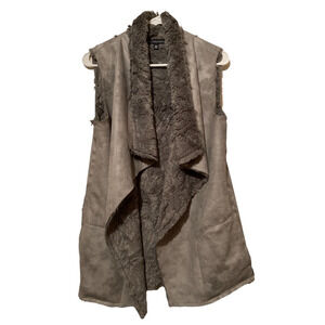 Saks Fifth Avenue Womens Open Front Vest Gray Asymmetric Hem Faux Fur Suede XS
